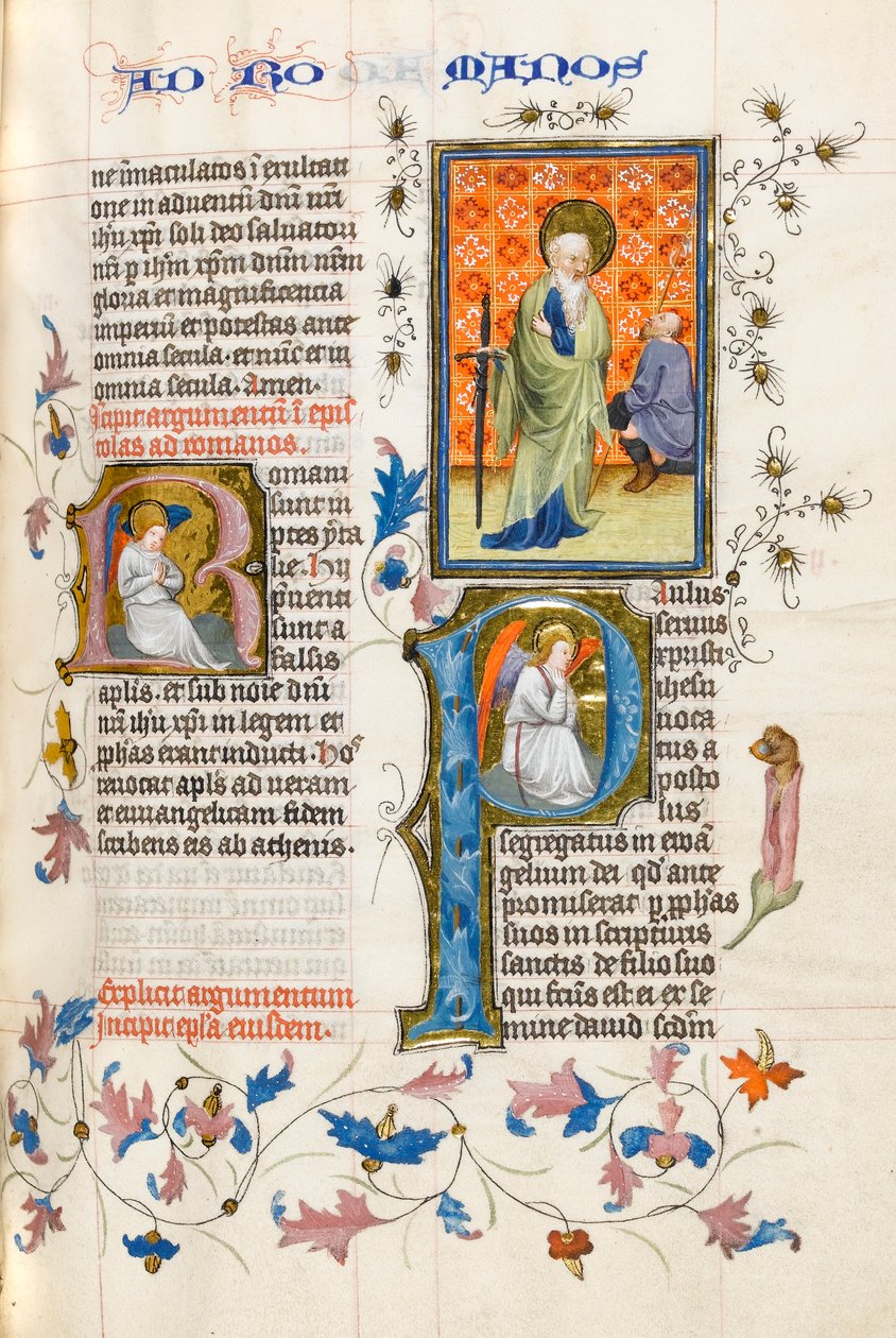 MS 289.III f.259r St. Paul med svärd tittar på en knästående budbärare med spjut av Master of Zweder van Culemborg