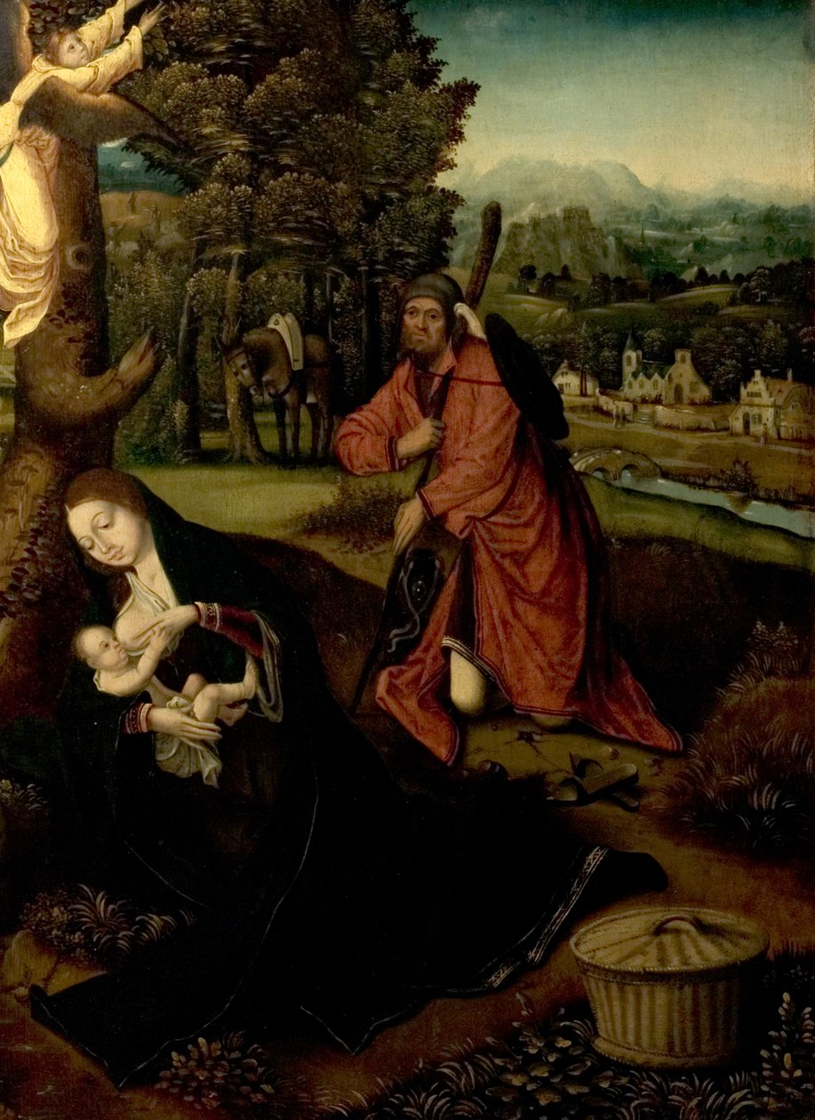 Vilan på flykten till Egypten (Jungfru, barn och St Joseph i ett landskap) av Master of the Antwerp Adoration