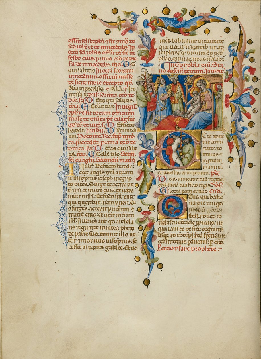 Tillbedjan av magierna; Initial E: Sword Bearers av Master of the Brussels Initials