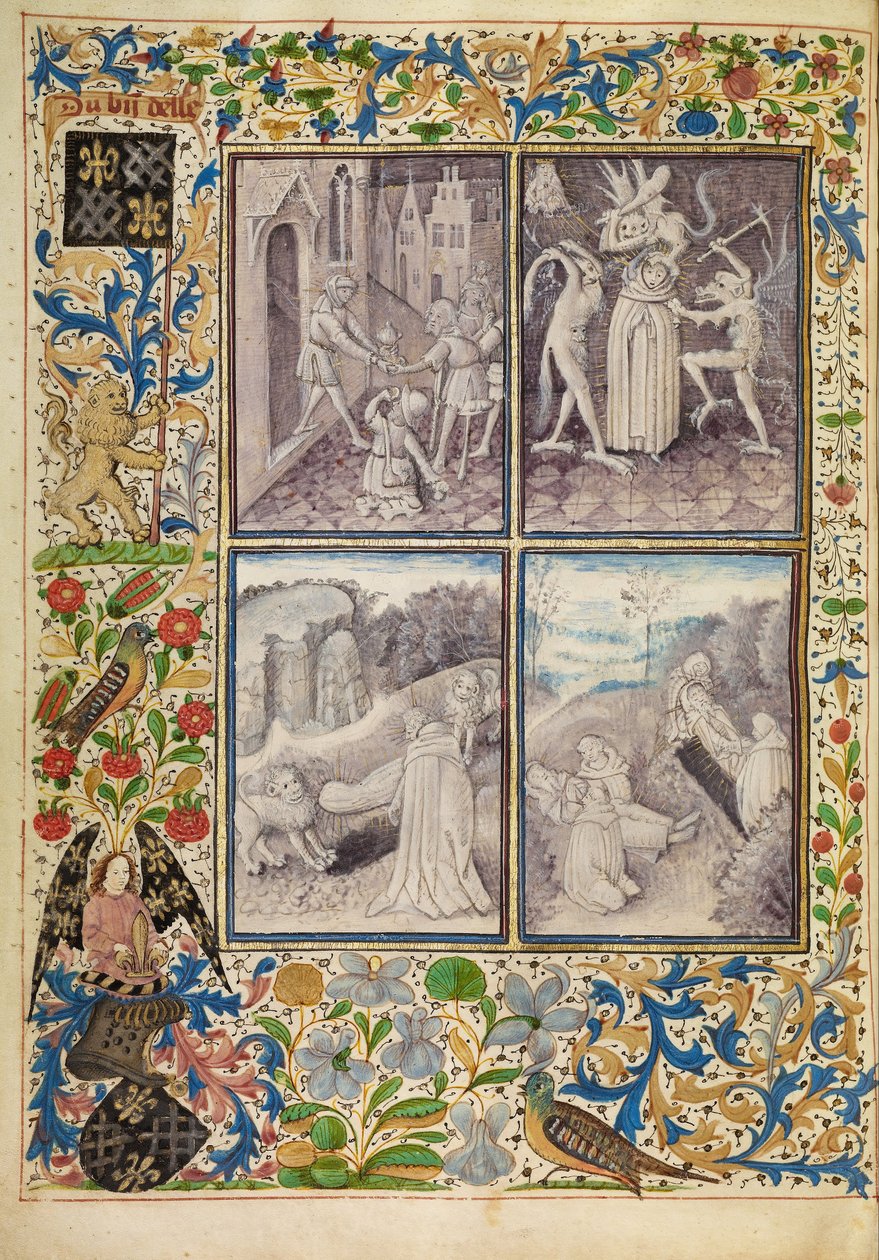 Saint Anthony som ger sina fattiga sina kläder; Anthony som lider av frestelser; Anthony begraver Paulus i öknen; Sankt Antonius död och begravning av Master of the Brussels Romuléon or workshop