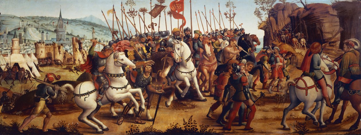 Atens nederlag av Minos, kung av Kreta, från berättelsen om Theseus av Master of the Campana Cassoni