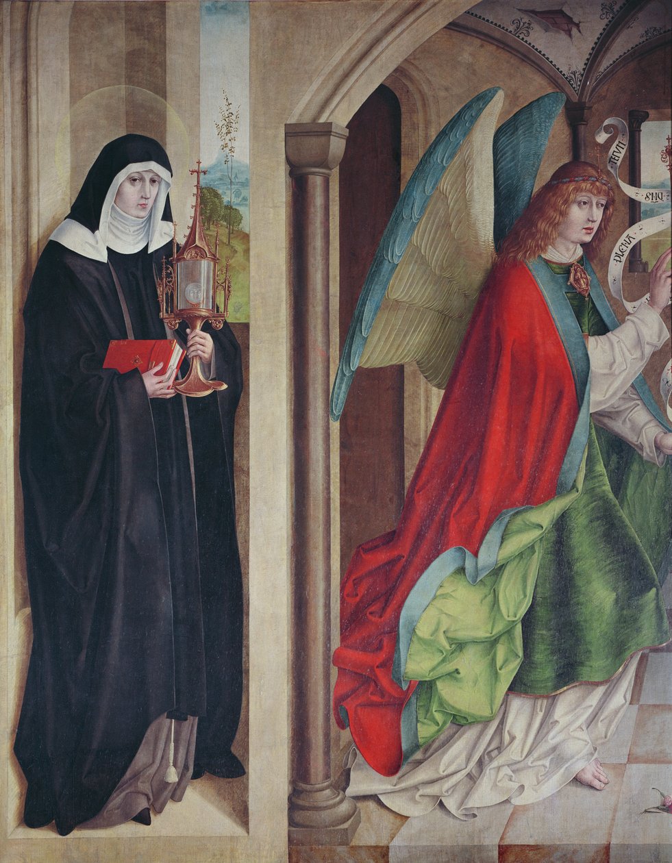 Bebådelsen med Sankta Klara av Assisi, vänstra panelen på bordet när det är stängt, 1480 av Master of the Carnation