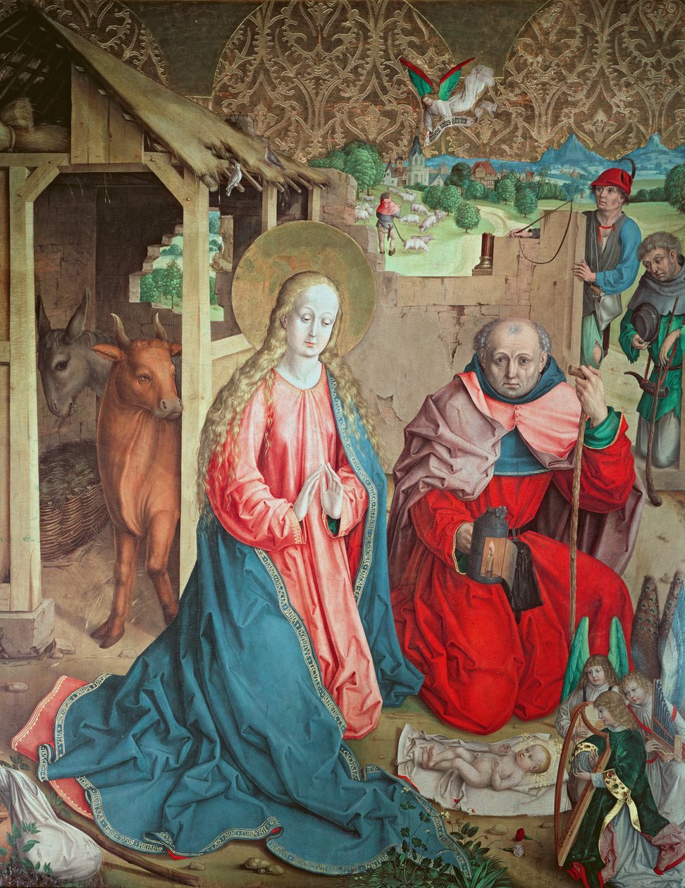 Tillbedjan av herdarna, panel längst till vänster från retablet på högaltaret, 1480 av Master of the Carnation