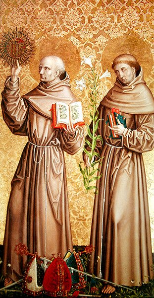 St. Bernardino av Siena och St. Antonius av Padua, högra panelen från retablet på högaltaret, 1480 av Master of the Carnation