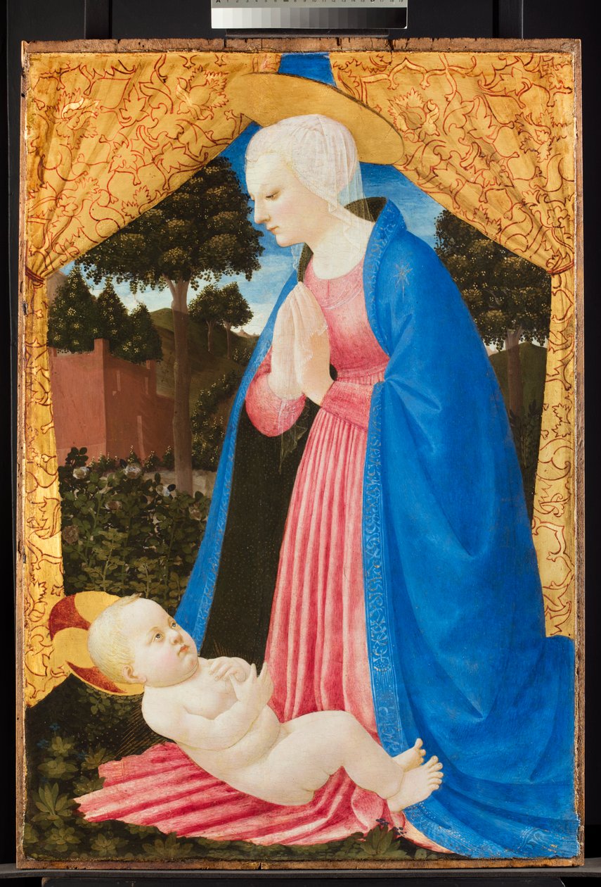 Virgin adoring the Child, sent 1400-tal (tempera med oljeglasyr och guld på panel) av Master of the Castello Nativity