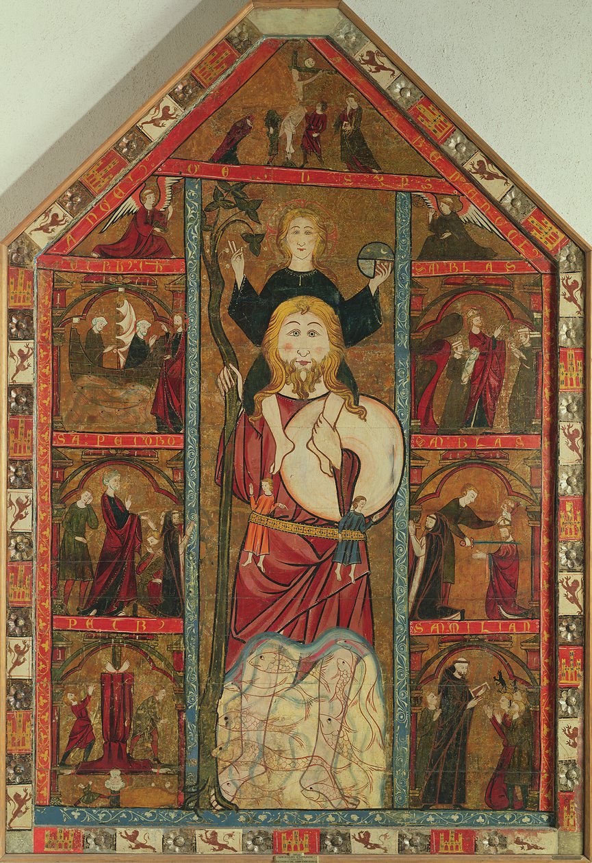 St. Christopher och spädbarnet Kristus, avsättningen och scenerna ur de heligas liv av Master of the Castilian School
