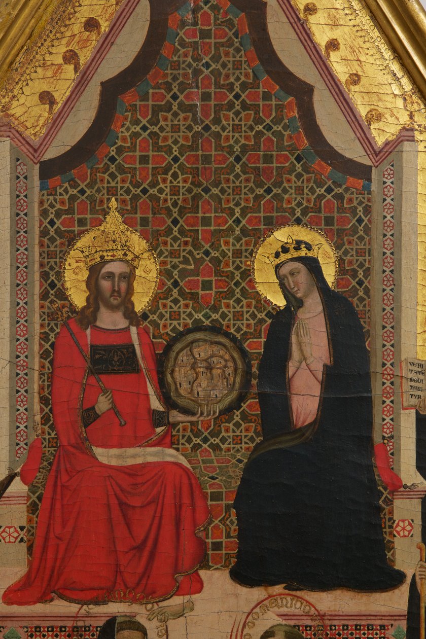 Detalj av jungfruns, Kristus och de 17 heligas tempera på panel av Master of the Dominican Effigies