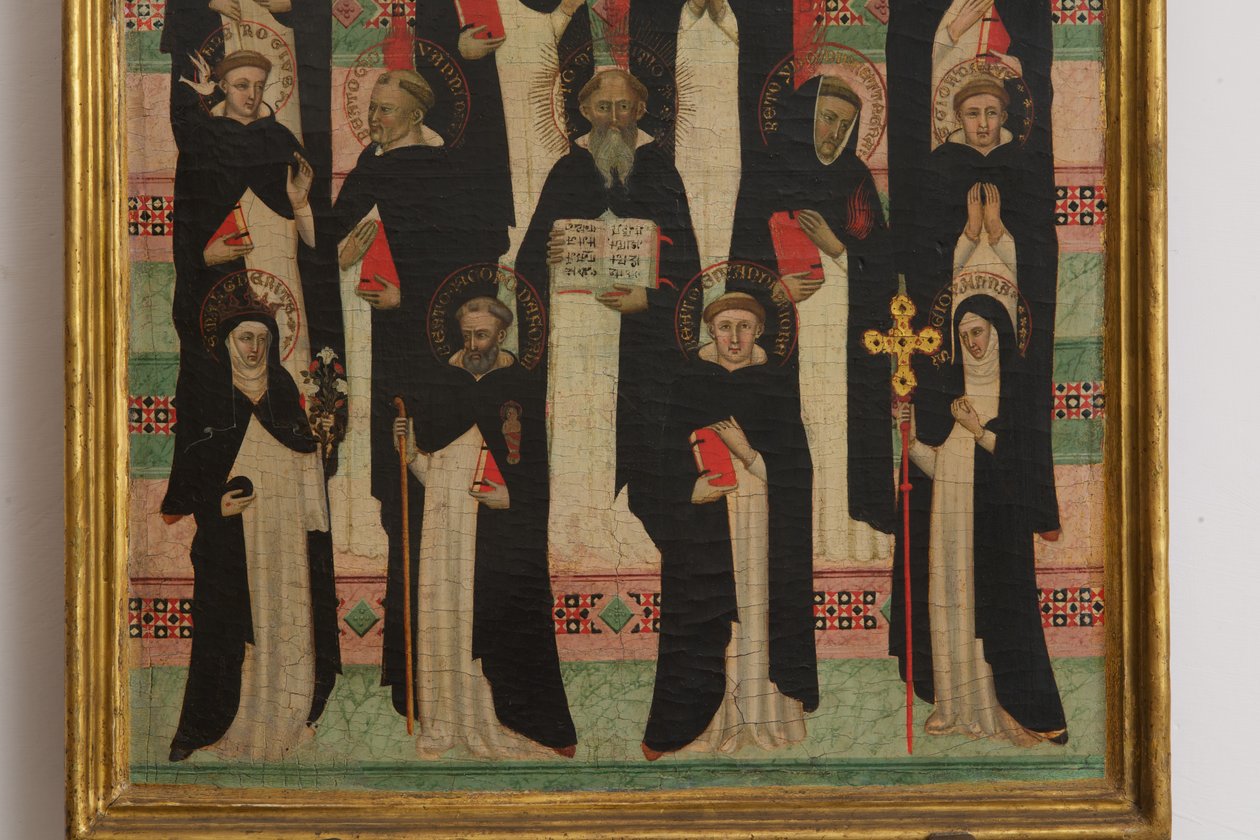 Detalj av jungfruns, Kristus och de 17 heligas tempera på panel av Master of the Dominican Effigies