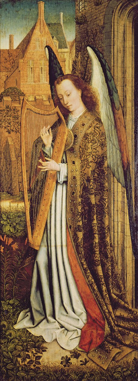 Jungfrun och barnet med änglar, högra panelen föreställande en ängelmusiker av Master of the Embroidered Foliage