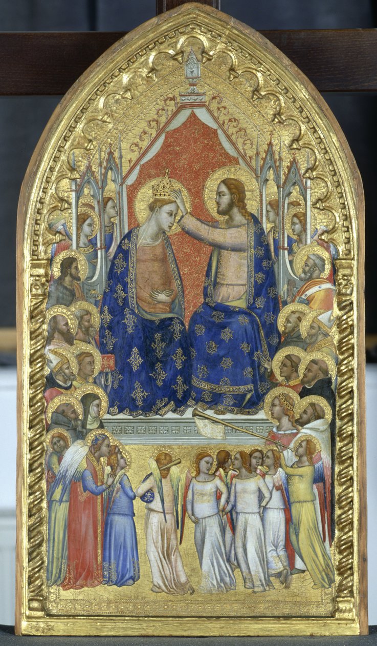 Jungfruns kröning med änglar och helgon, ca 1360 (tempera på poppelträ) av Master of the Fabriano Altarpiece attr. to Master of the Fabriano Altarpiece attr. to