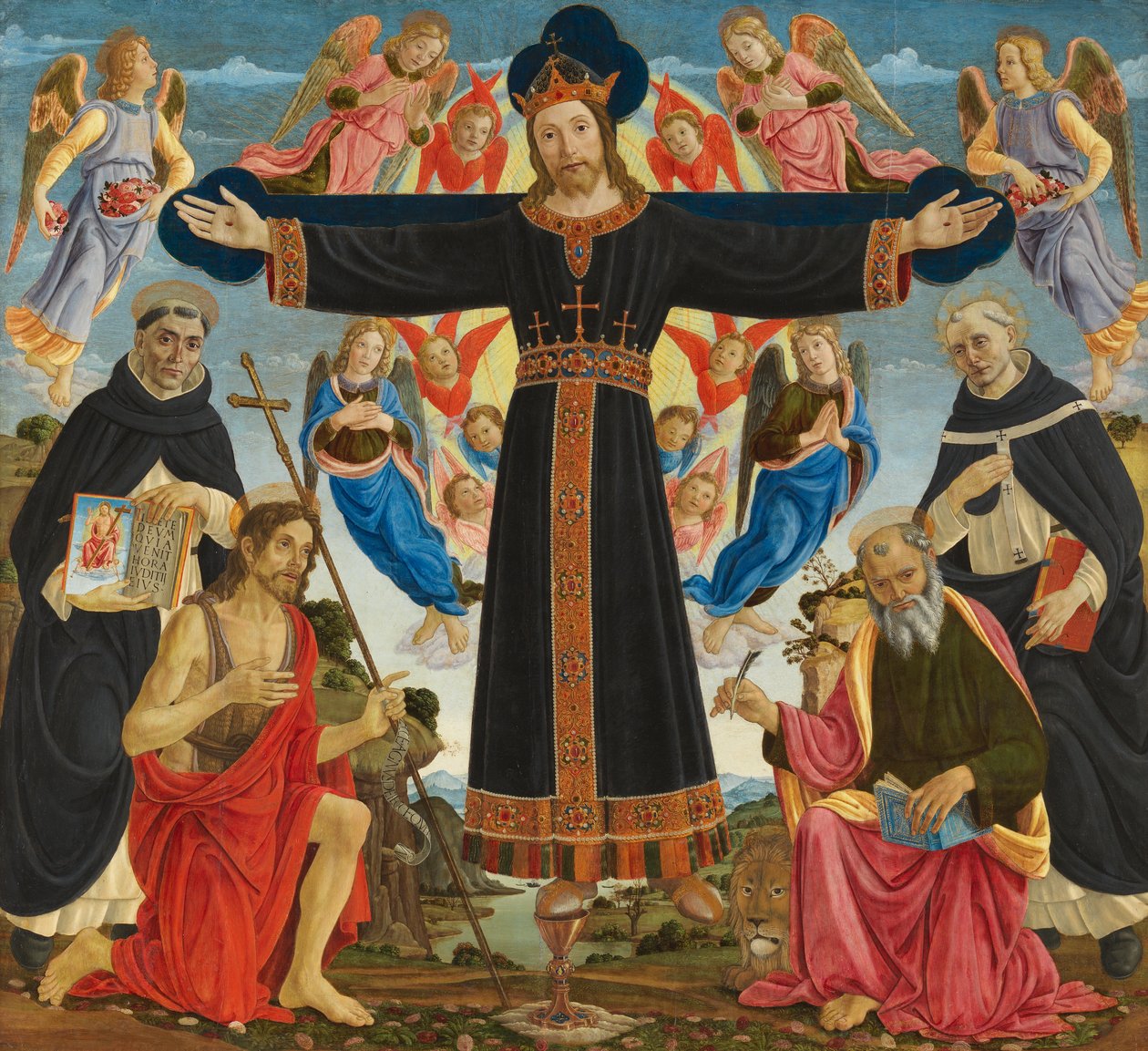 Kristus på korset med de heliga Vincent Ferre, Johannes Döparen, Markus och Antonius, ca 1491-5 (tempera och olja på panel) av Master of the Fiesole Epiphany
