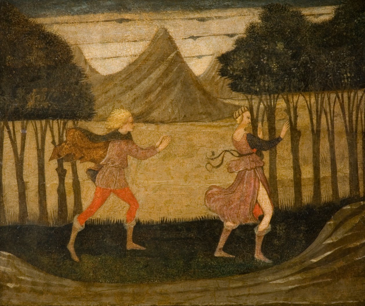 Daphne förföljd av Apollon (tempera på panel) (se även 90393) av Master of the Judgement of Paris