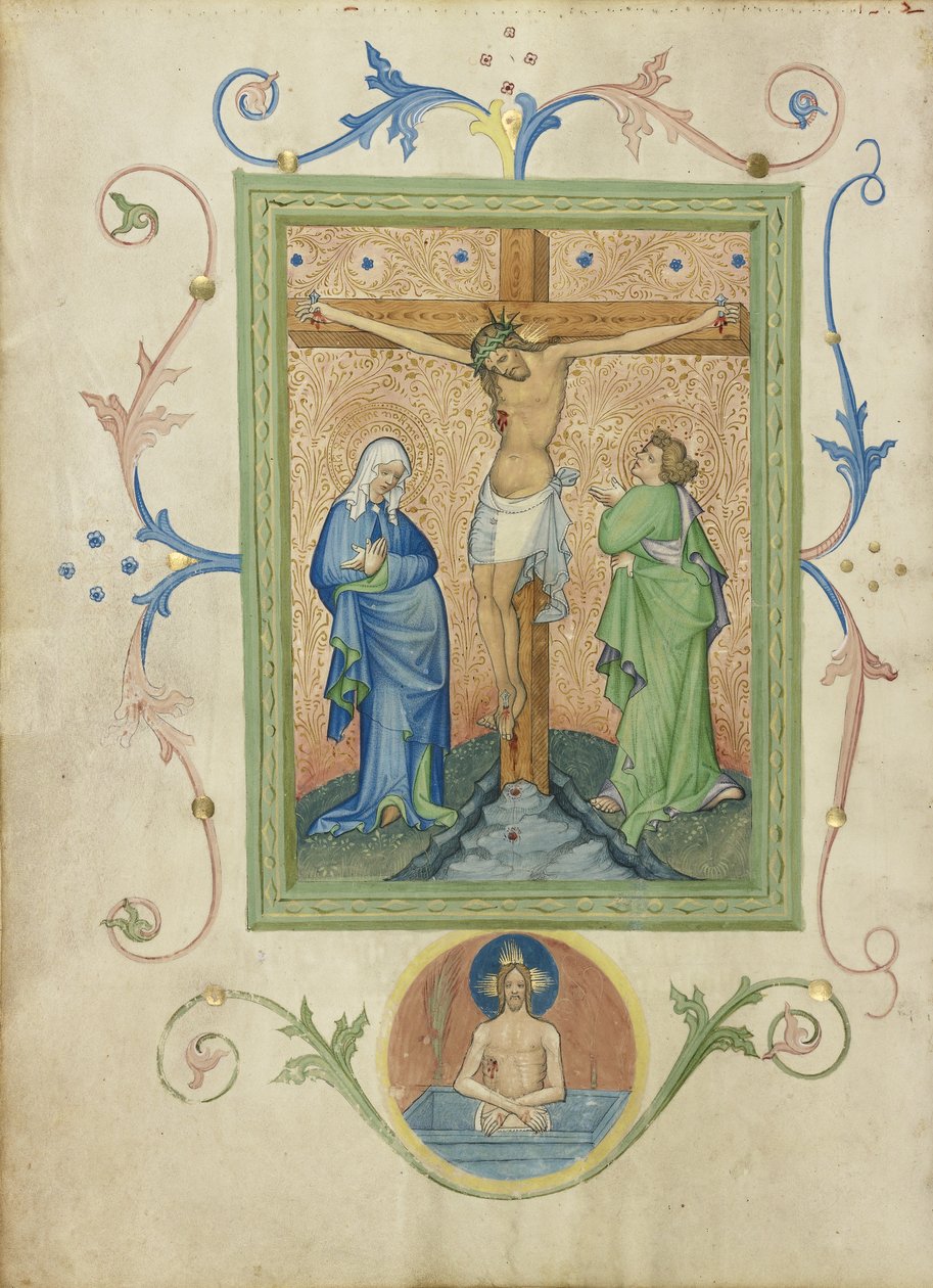 Korsfästelsen från Collegium Ducale missal, c.1420-30 (tempera färger, bladguld och bläck på pergament) av Master of the Kremnitz Stadtbuch