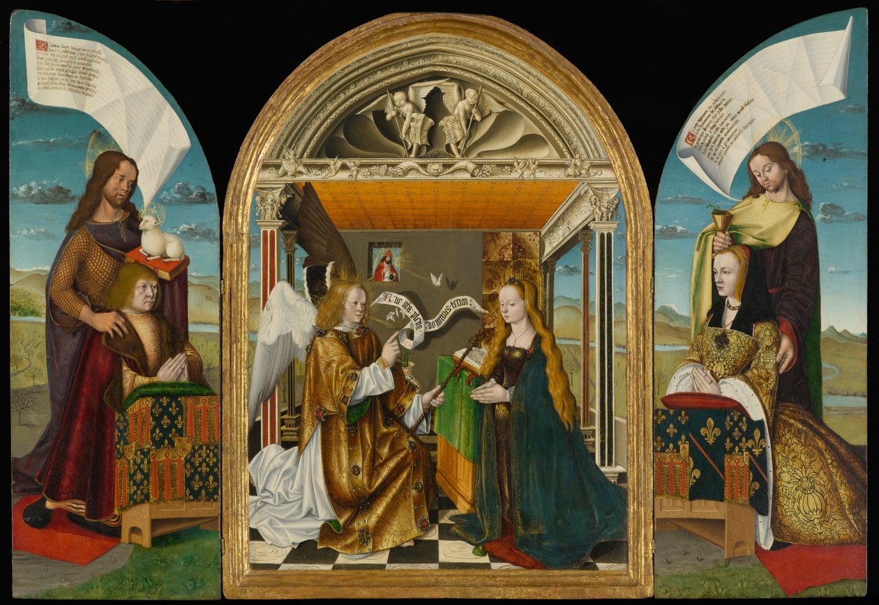 Budförklaringen med helgon och donatorer, kallad Latour dAuvergne-triptyk, ca 1497 (tempera och olja på panel) av Master of the Latour dAuvergne Triptych Master of the Latour dAuvergne Triptych