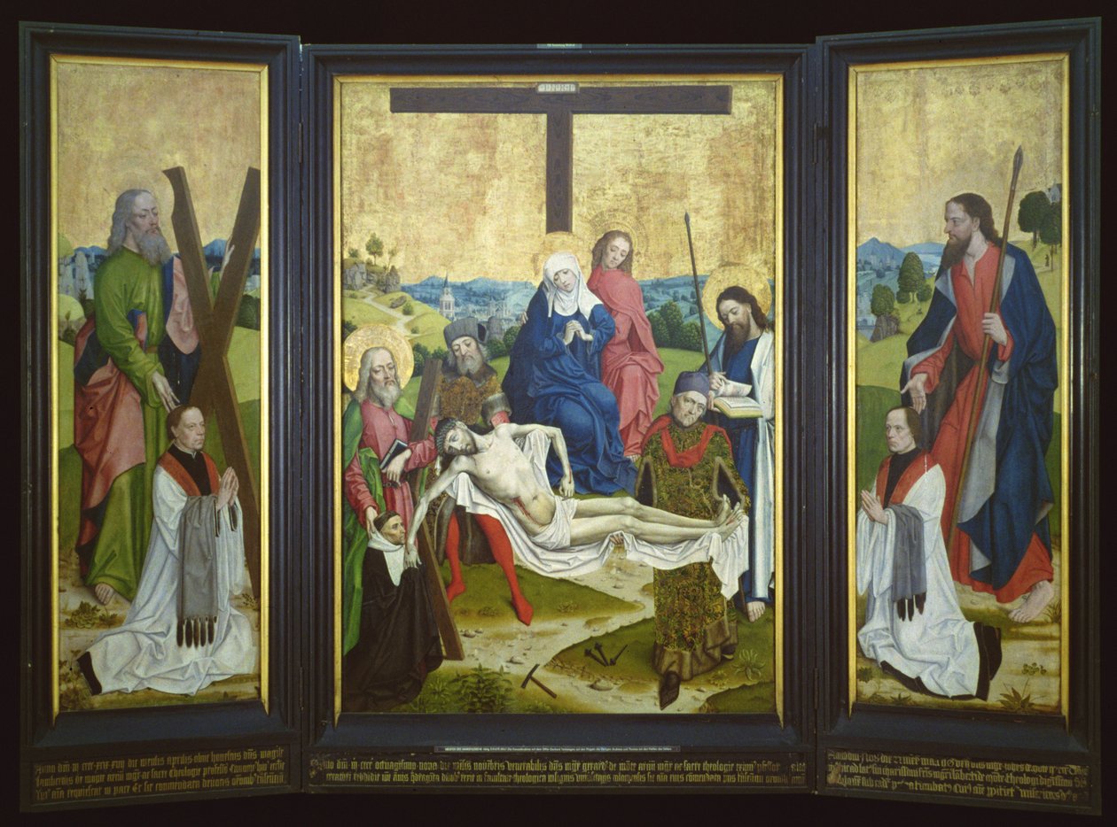 Altartavla med pieta och donatorer i mittpanelen; St. Andrew och St. John på sidopanelen, ca 1480-90 (ek) av Master of the Life of Virgin Mary