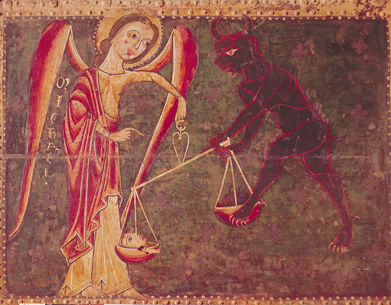 Sankt Mikael väger själar, från en altartavla tillägnad ärkeängeln Mikael, ca 1200 (tempera på panel) av Master of the Llusanes