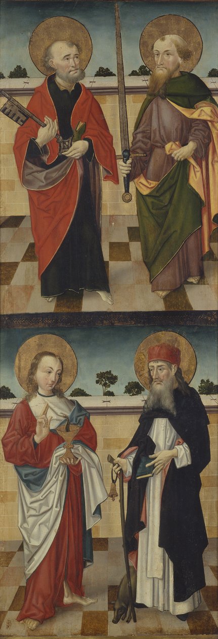 Överst: St. Peter som håller en nyckel och St. Paul som håller ett svärd; Nederst: St. Johannes evangelisten håller en bägare som innehåller en orm och St. Antonius den store håller en pilgrimsstav med en gris vid fötterna, av Master of the Luneburg Footwashers