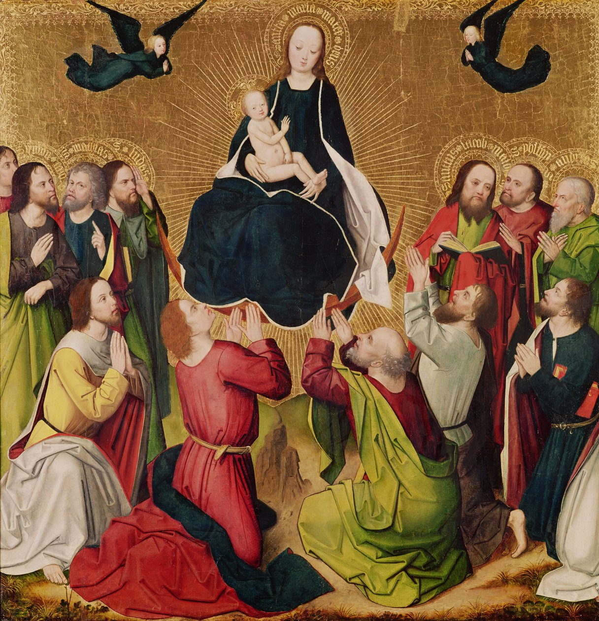 Jungfrun i ära med apostlarna, mittpanel av en triptyk, sent 1400-tal (panel) av Master of the Lyversberg Passion