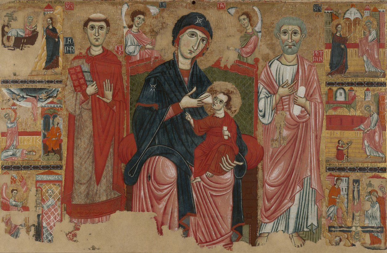 Jungfru och barn tronade med de heliga Leonard och Peter och scener ur Sankt Peters liv, rnc.1280 (tempera på panel) av Master of the Magdalen
