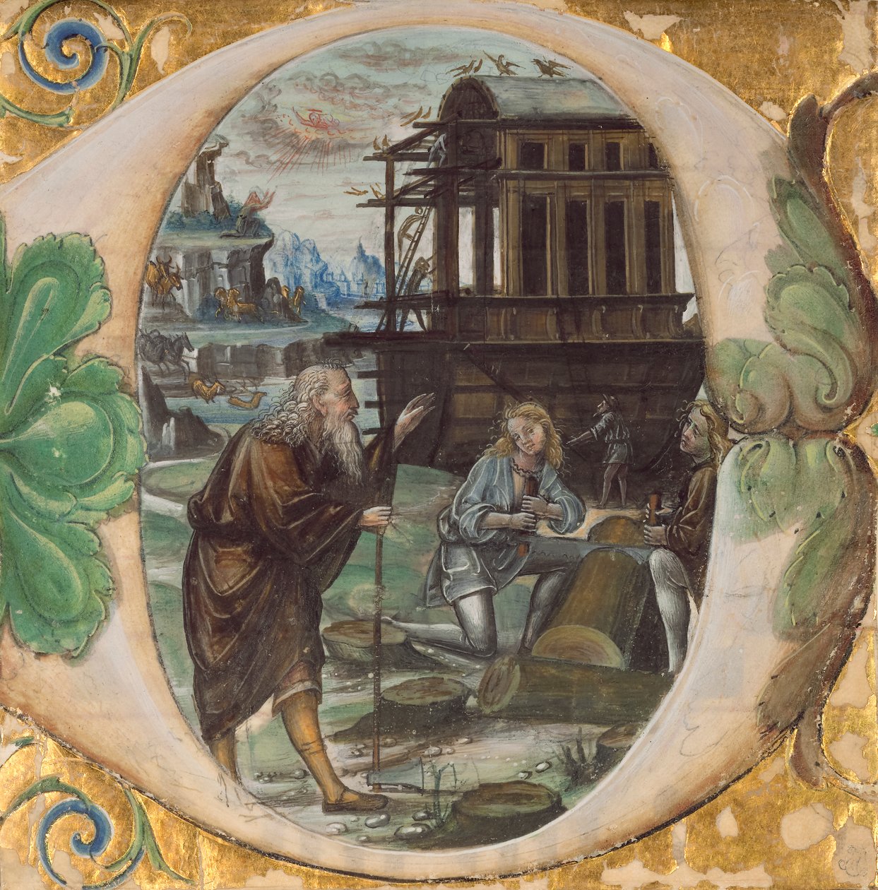 Initial D: Noa leder byggandet av arken, ca 1500 (tempera, bladguld och bläck på pergament) av Master of the Monogram B.F Master of the Monogram B.F