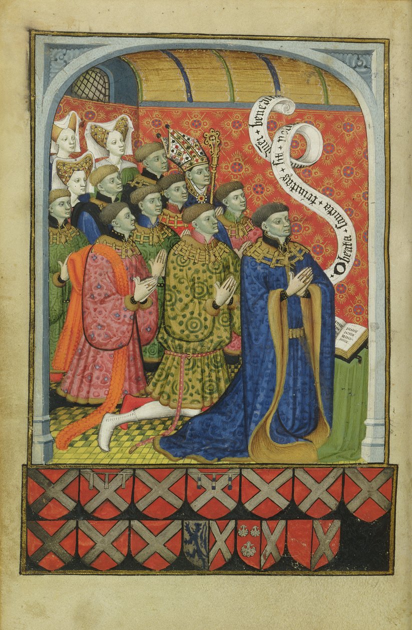 Lat 1158 f.27v Familjen Neville vid bön, från Nevilles timbok, 1430-35 av Master of the Munich Golden Legend