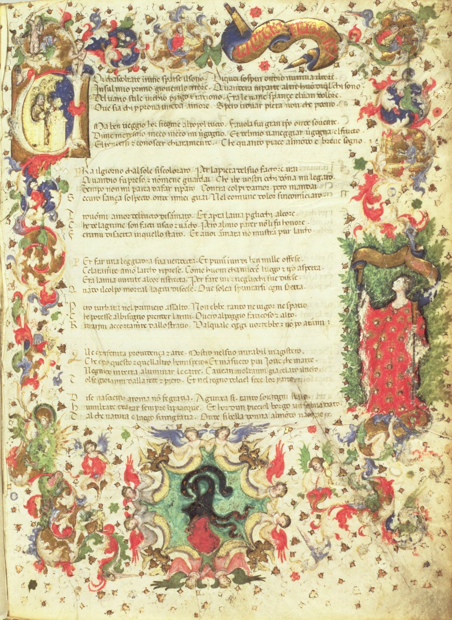 Illustrerad sida ur Petrarcas Triumf (miniatyr) av Master of the Novella PD