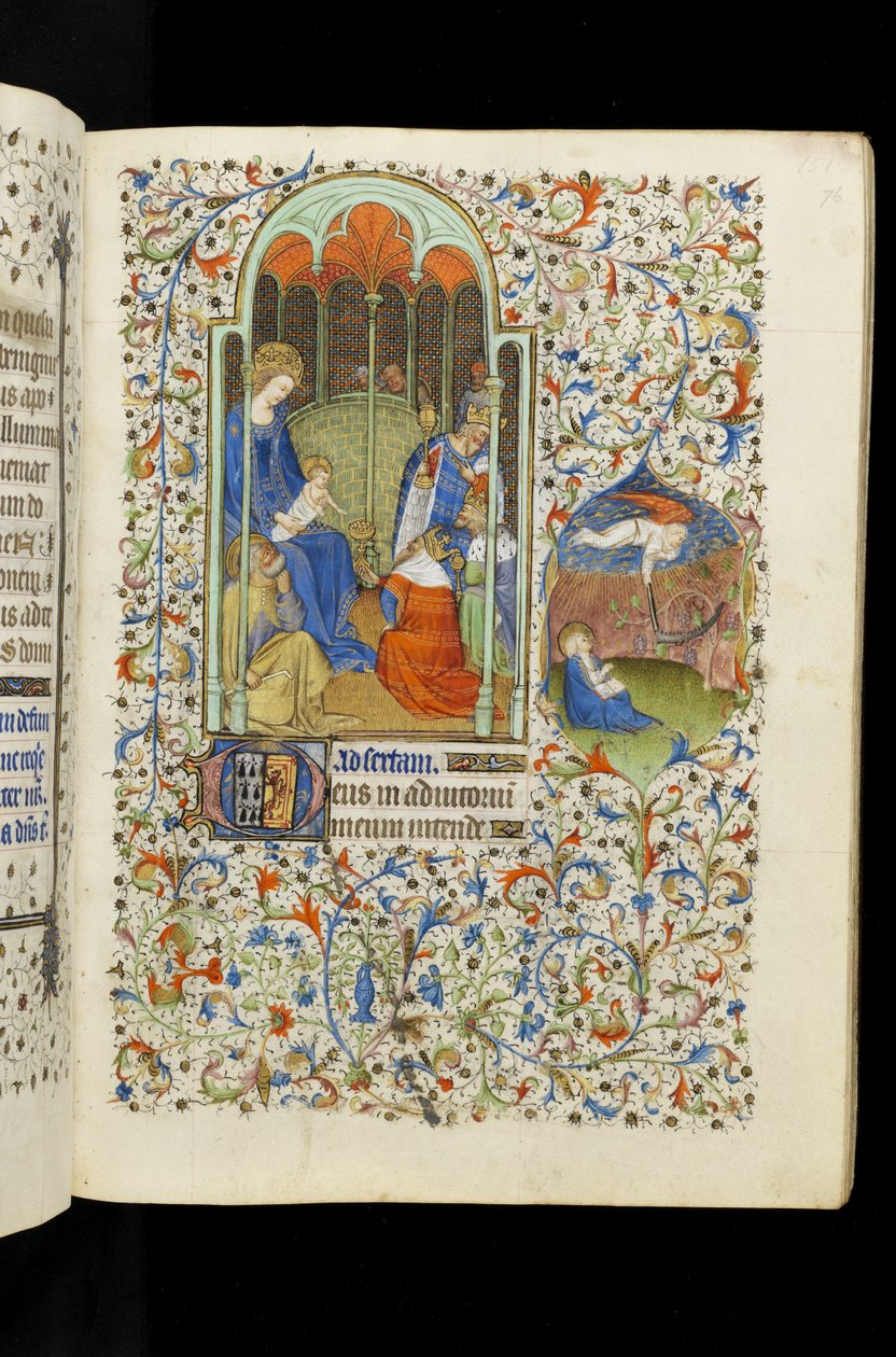 Ms 62 f.76r Tillbedjan av kungarna; St. John och ängel med skäran, från en timbok av Master of the Rohan Hours