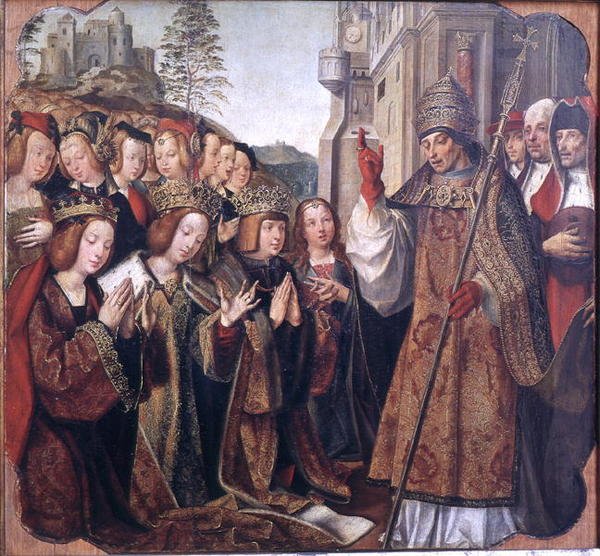 Påven välsignar St. Auta, St. Ursula och Prince Etherius, från St. Auta-altartavlan, ca 1520 av Master of the St. Auta Altarpiece
