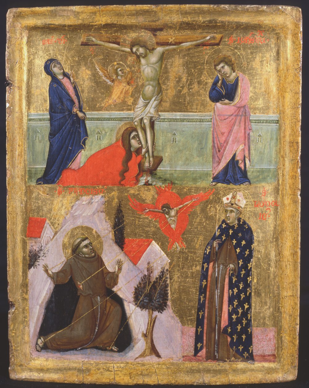 Korsfästelsen och stigmata av St Francis av Assisi och St Lodovico av Toulouse (tempera på panel) av Master of the Sterbini Diptych