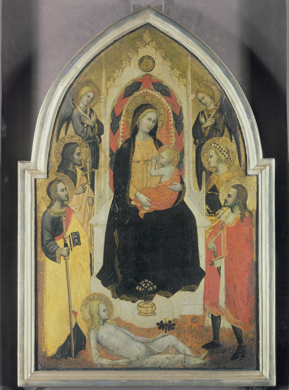 Jungfru och barn med änglar och helgon, ca 1390-95 (tempera på panel) av Master of the Straus Madonna