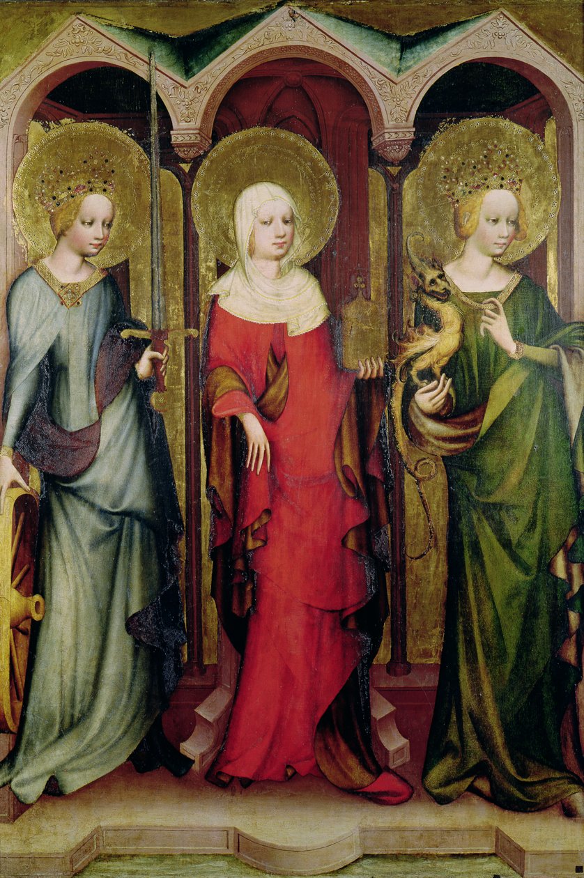 Den heliga Katarina av Alexandria, Maria Magdalena och Margareta av Antiokia, ca 1380 (tempera på panel) av Master of the Trebon Altarpiece