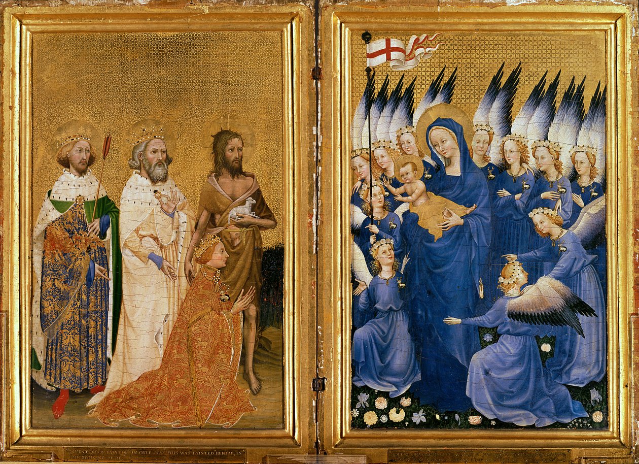 Richard II Presenterad till jungfrun och barnet av hans beskyddare Saint John the Baptist och Saints Edward and Edmund, c.1395-99 (äggtempera på ek) av Master of the Wilton Diptych