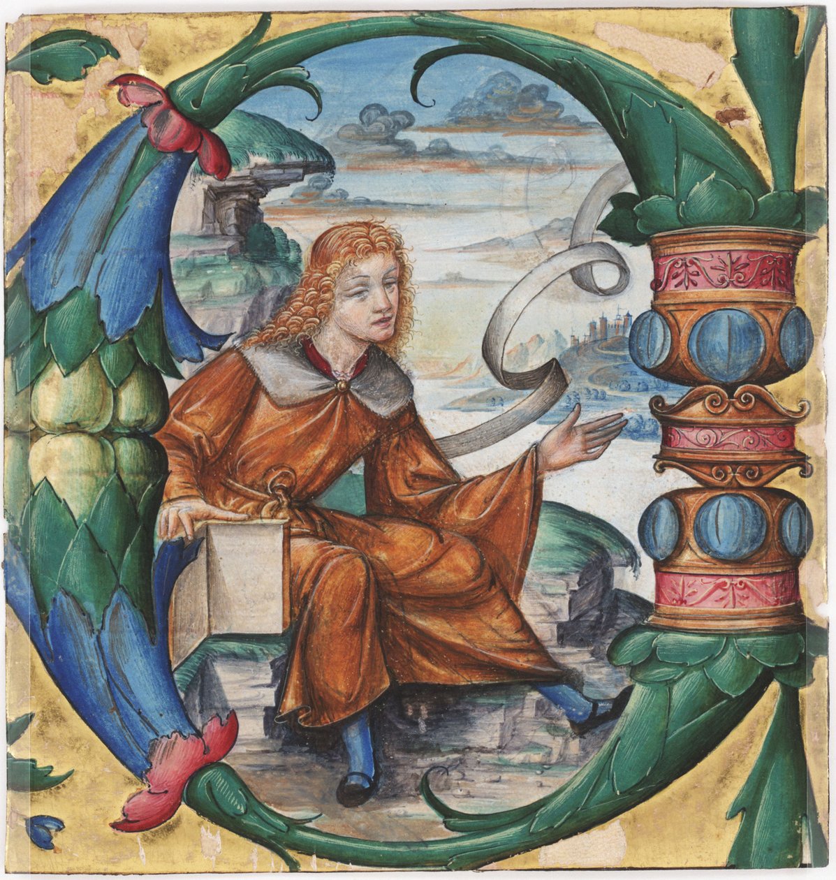 Gradvis, skärande med en historisk initial C av Johannes Döparen, från ett antifonarium, Milano, 1515 (tempera och bläck på pergament) (recto av 3587462) av Master B. F. 16th century Master B. F. 16th century