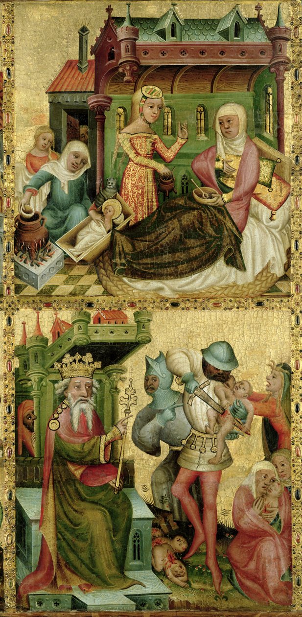 Jungfruns födelse och massakern på de oskyldiga, från Buxtehude-altaret, 1400-10 (tempera på panel) av Master Bertram of Minden