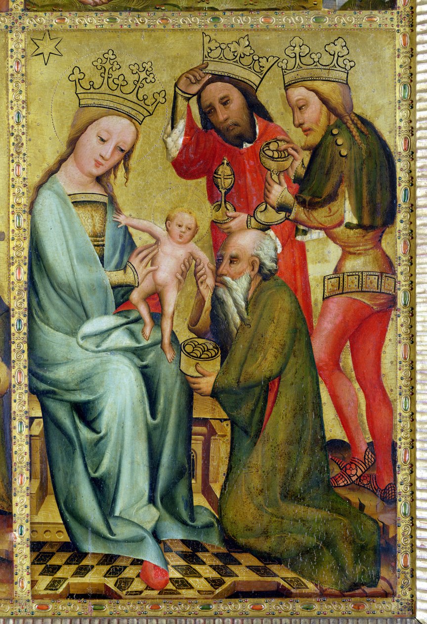The Adoration of the Magi från St. Peters Högaltar i Hamburg, Grabower Altaret, 1383 (tempera på panel) av Master Bertram of Minden