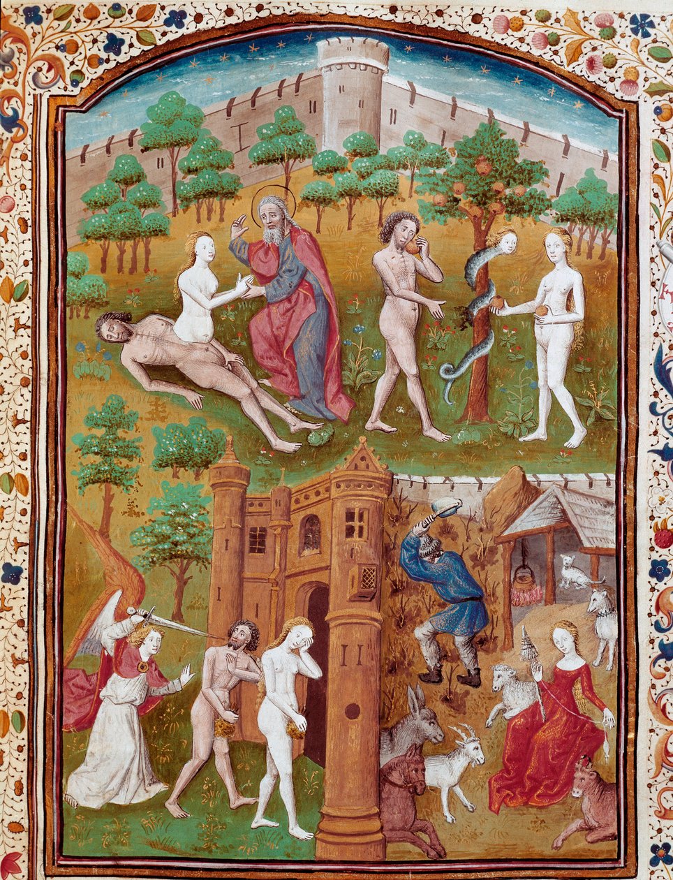 Evas födelse från Adams kust, Adam och Eva plockar den försvarade frukten och jagar sedan från Paradise Miniature hämtad från "" Cases of noble men and women unfortunes"" (De casibus) av Giovanni Boccaccio dit Jean Boccace (1313-1375) , italiensk författar av Master Dunois