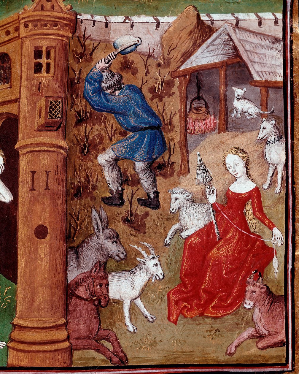 Representation av Adam som plockar jorden och Eva spinner ullen efter att ha blivit jagad från det jordiska paradiset. Miniatyr hämtad från "" Des cas des nobles hommes et femmes infortunes"" (De casibus) av Giovanni Boccaccio dit Jean Boccace (1313-1375), av Master Dunois