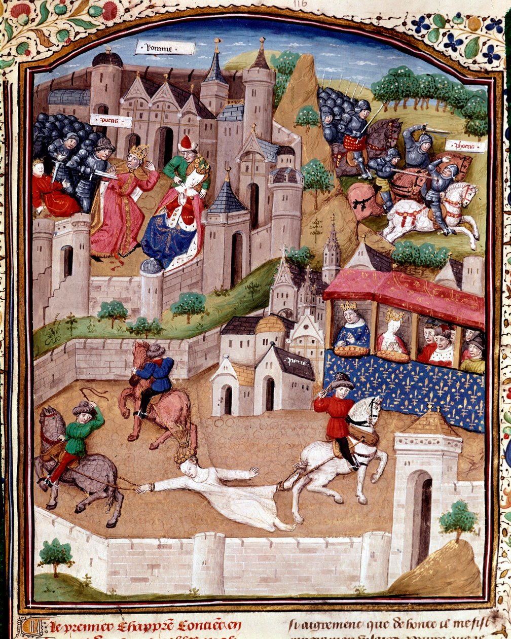 Brunehauts plåga Merovingerdrottningen Brunehilde (543-613) avlägsnas av tre hästar på order av kung Clotaire (Clothaire) Boccaccio ( av Master Dunois
