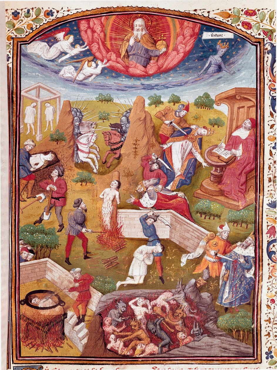 Vision of Boccace: scen för tortyr, hängning, massaker Miniatyr tagen från "" The unfortunate cases of noble men and women"" (De casibus) av Giovanni Boccaccio dit Jean Boccace (1313-1375), italiensk författare, översatt av Laurent de Premierfait och enlum av Master Dunois