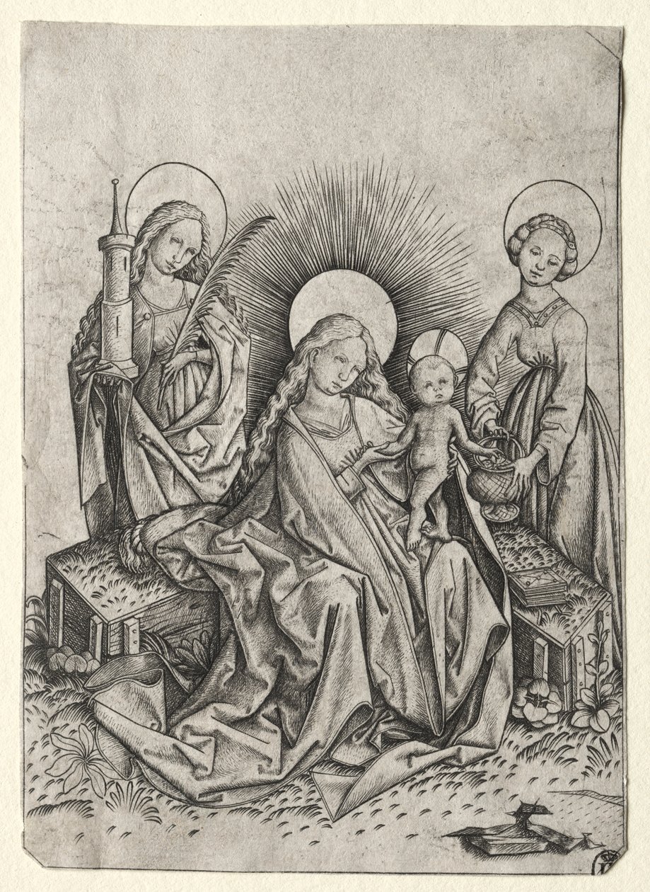 Madonna och barn i en trädgård mellan St. Barbara och St. Dorothy av Master ES