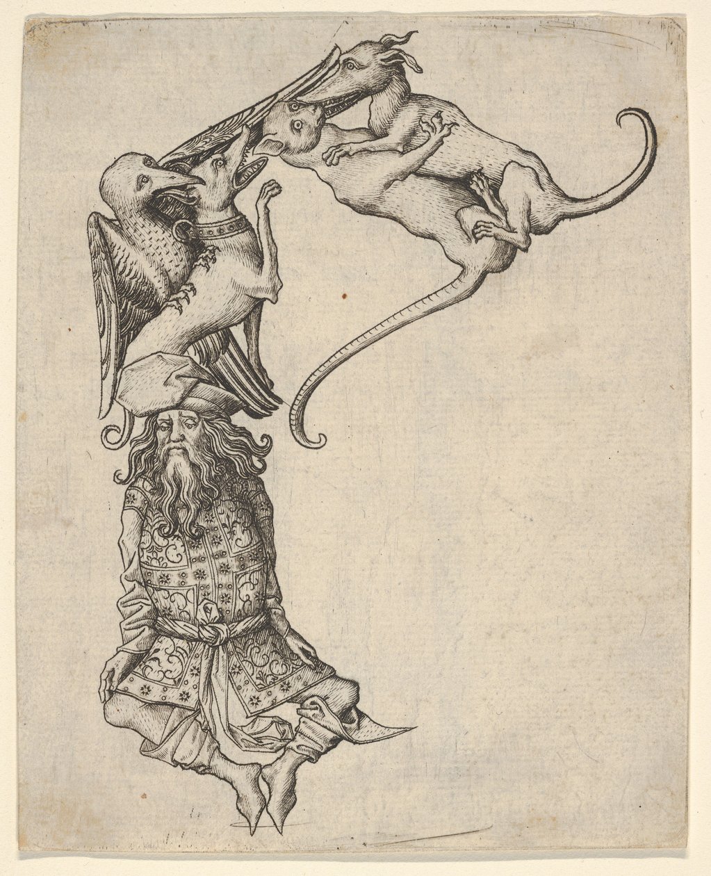 Bokstaven E, från alfabetet, 1466-67. av Master ES