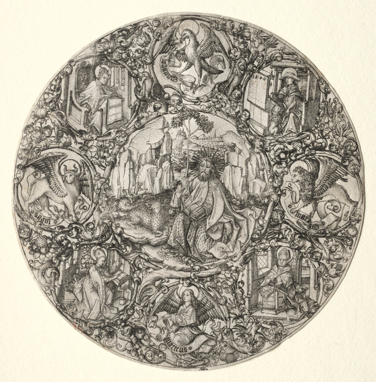 Johannes Döparen omgiven av den latinska kyrkans evangelister och fyra fäder, 1466. av Master E. S.