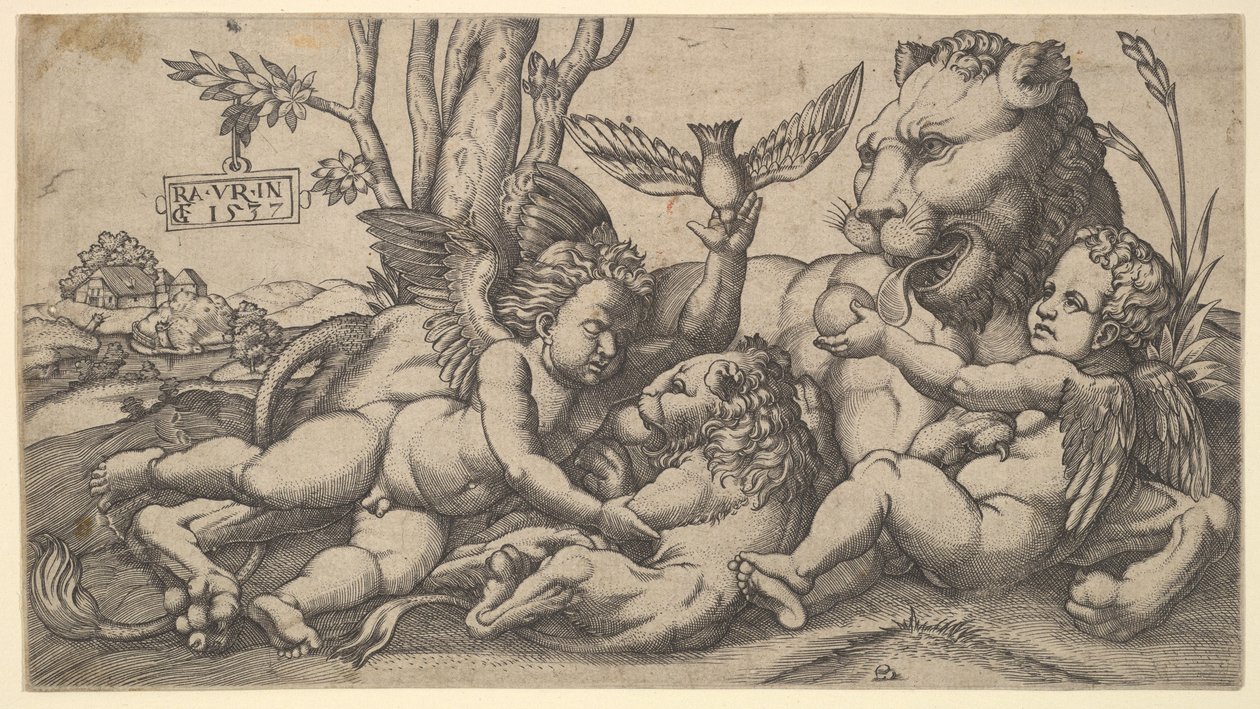 Putti och lejon, 1547. av Master FG