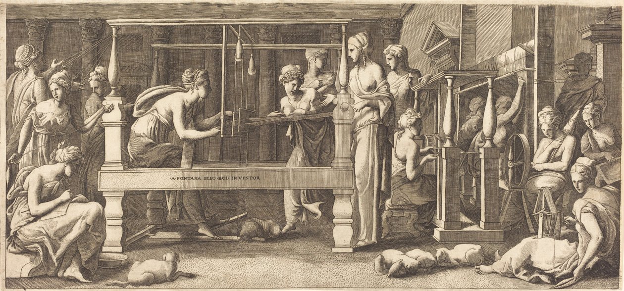Penelope och hennes pigor väver av Master FG, after Francesco Primaticcio