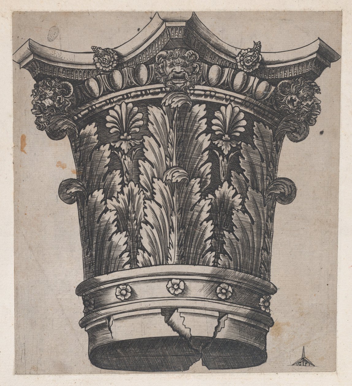 Mirror of Roman Magnificence: Kapital med huvuden och masker, ca. 1537., ca. 1537 av Master GA