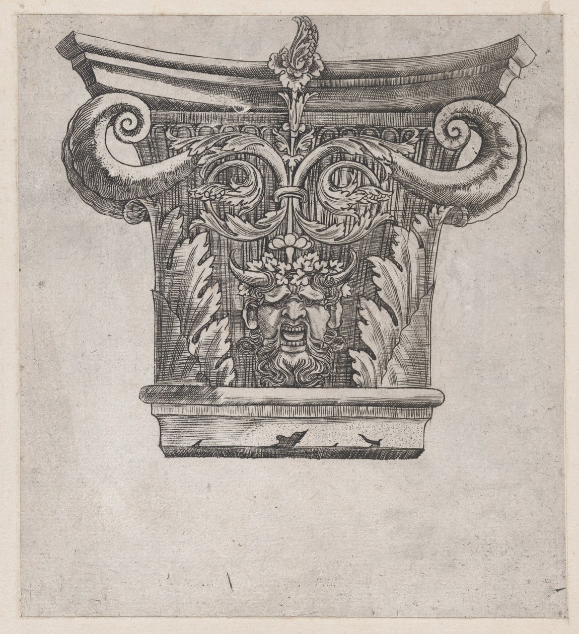 Mirror of Roman Magnificence: Kapital med peapod-rullar och satyrhuvud, ca. 1537., ca. 1537 av Master GA
