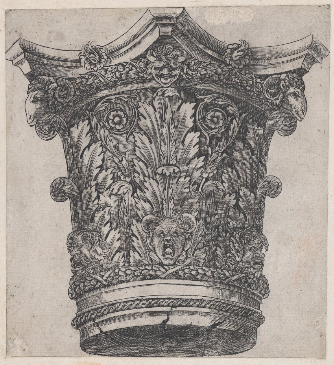 Mirror of Roman Magnificence: Kapital med baggehuvuden och masker, ca. 1537, ca. 1537 av Master GA