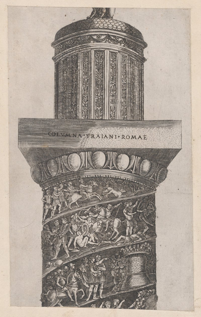 Mirror of Roman Magnificence: Den övre delen av Trajanus kolumn, visar ara..., 1500-talet. av Master GA