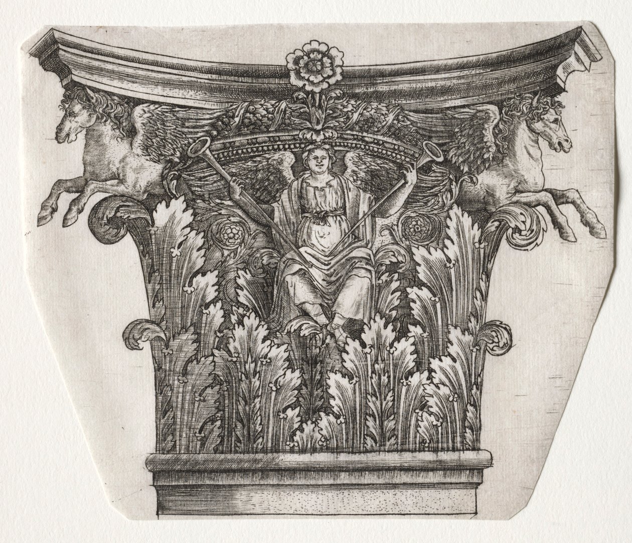 Bas och kapital med Figure of Fame och Winged Horses kapital, ca. 1525-1550. av Master G. A. with the man
