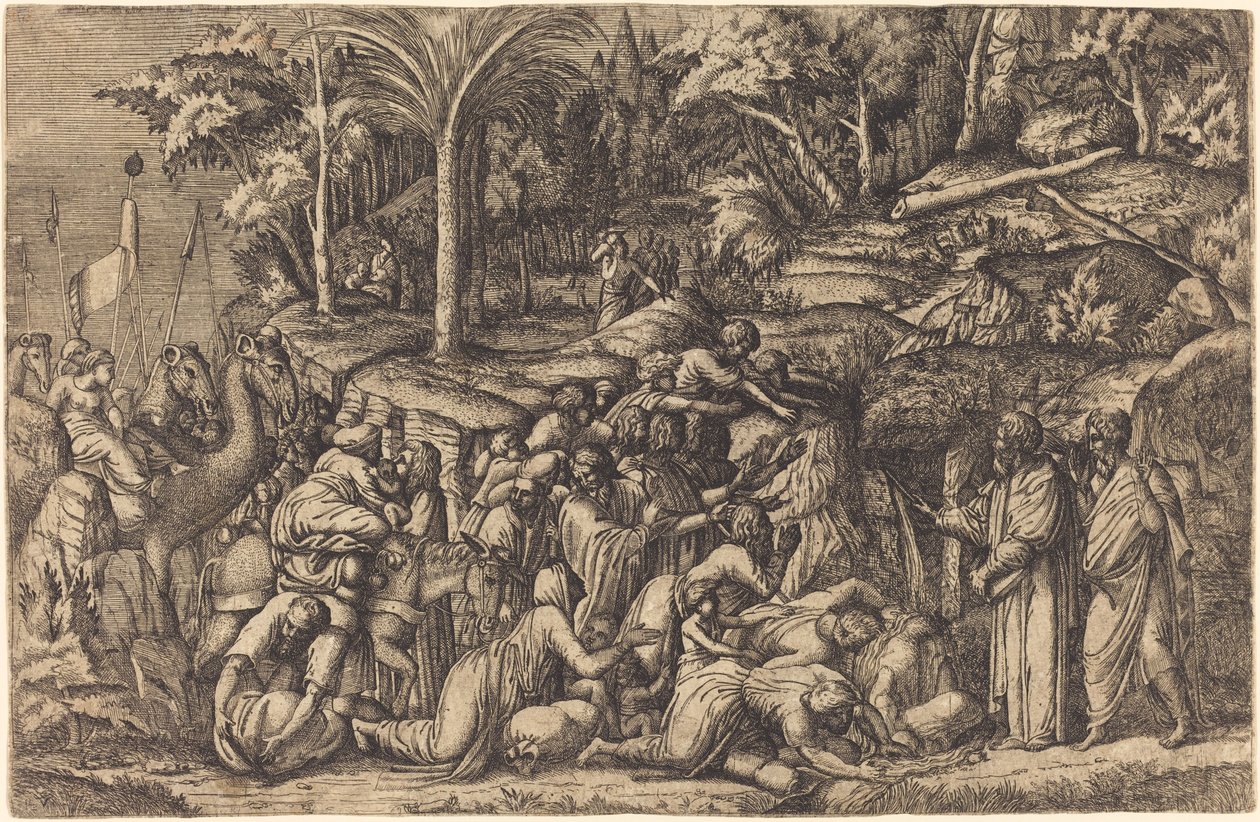 Moses slår klippan av Master IV after Francesco Primaticcio